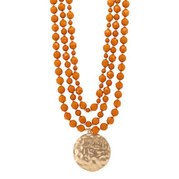 Orange Multi-Strand Bead with Gold Disc Necklace - SALE